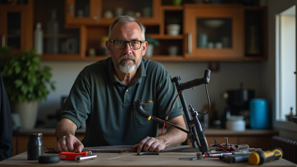 Bicicleta siendo mantenida en casa, herramientas y aceite de cadena sobre mesa de trabajo