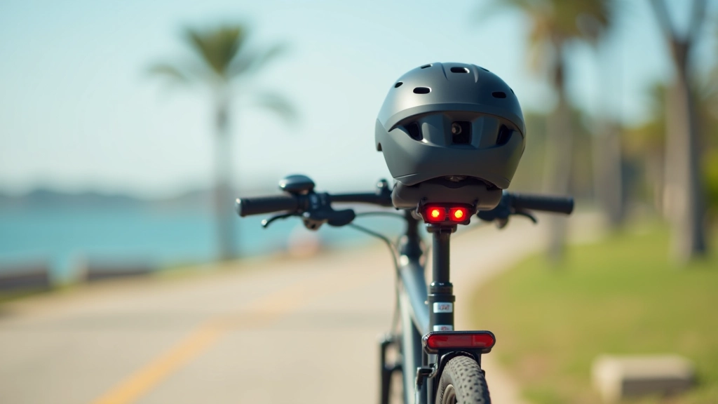 Bicicleta moderna con equipo de seguridad: casco, reflectores rojos, luces blancas y rojas, estacionada en sendero de ciclovía soleado