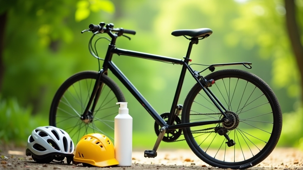 Bicicleta roja con equipo de seguridad dispuesto al lado: casco, botella de agua, protector solar, sobre fondo de manglar verde