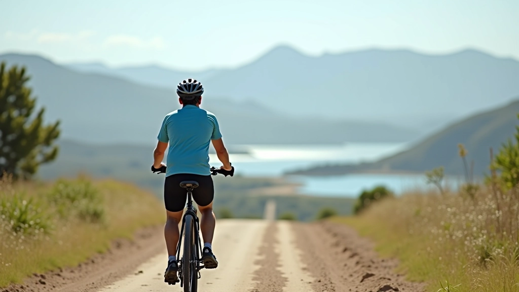 Ciclista en la ruta de Laguna Torrecilla con vista panorámica del agua y manglar al fondo