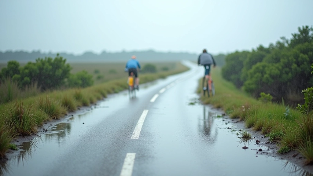 Ciclovía costera con humedales al fondo después de lluvia, cielo nublado, camino mojado pero seguro para bicicleta, reflejo en el asfalto