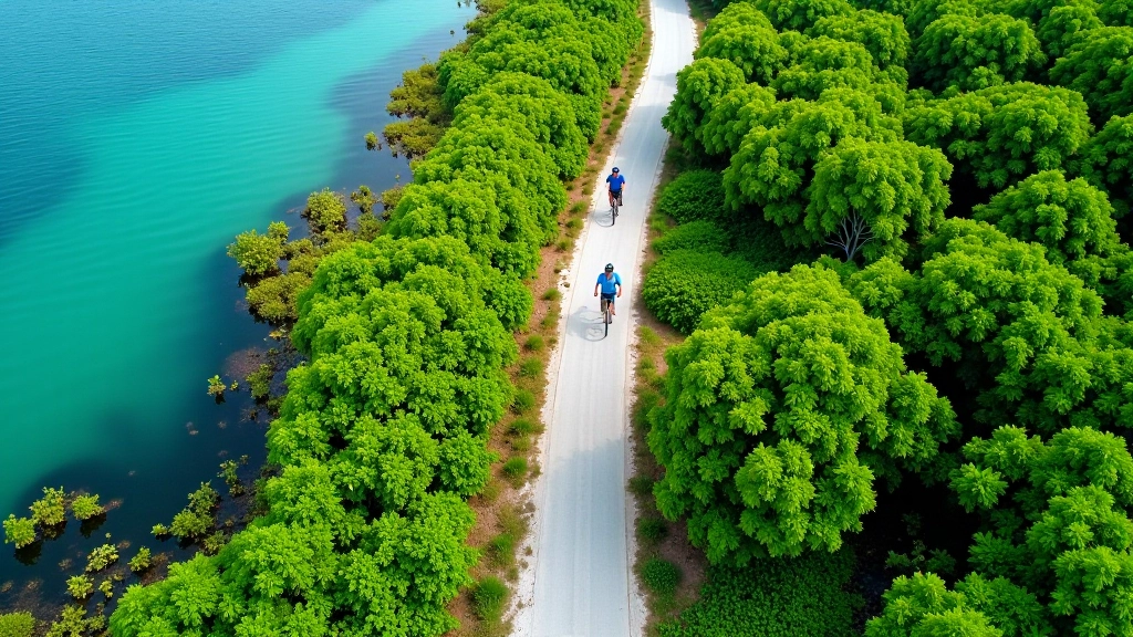 Vista aérea de la ruta de Piñones mostrando el sendero ciclista entre manglares, agua turquesa y vegetación costera