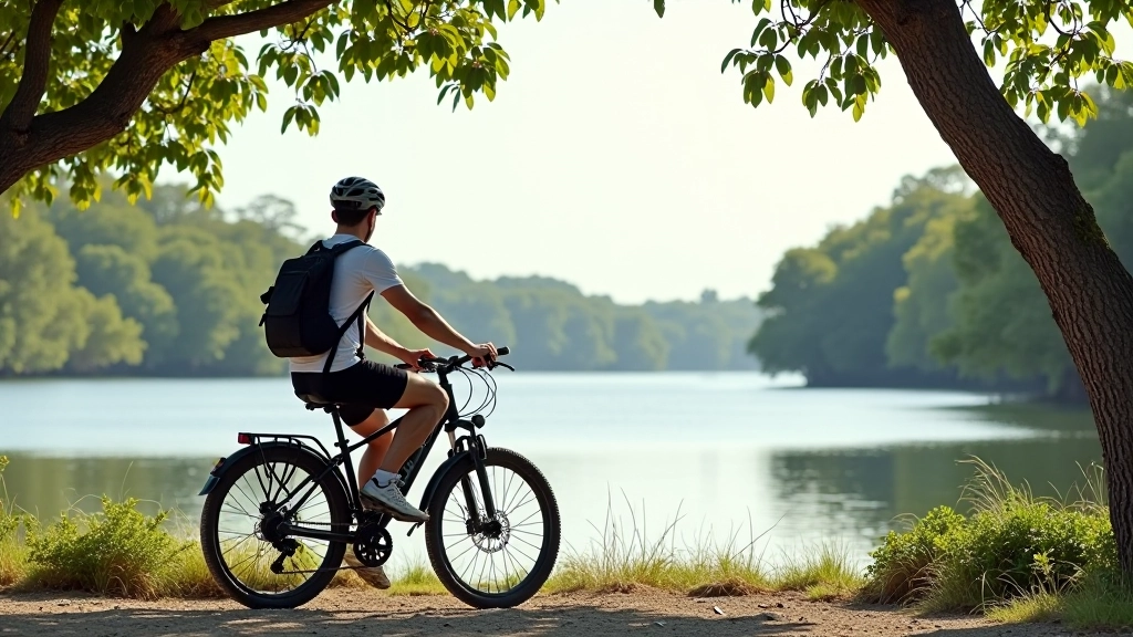 Ciclista descansando en punto de observación de Laguna Torrecilla con agua azul turquesa de fondo