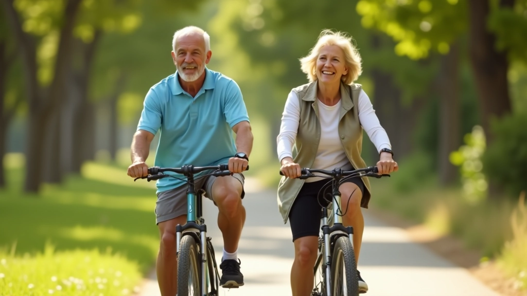 Ciclistas adultos mayores disfrutando de un paseo tranquilo en la ciclovía entre árboles