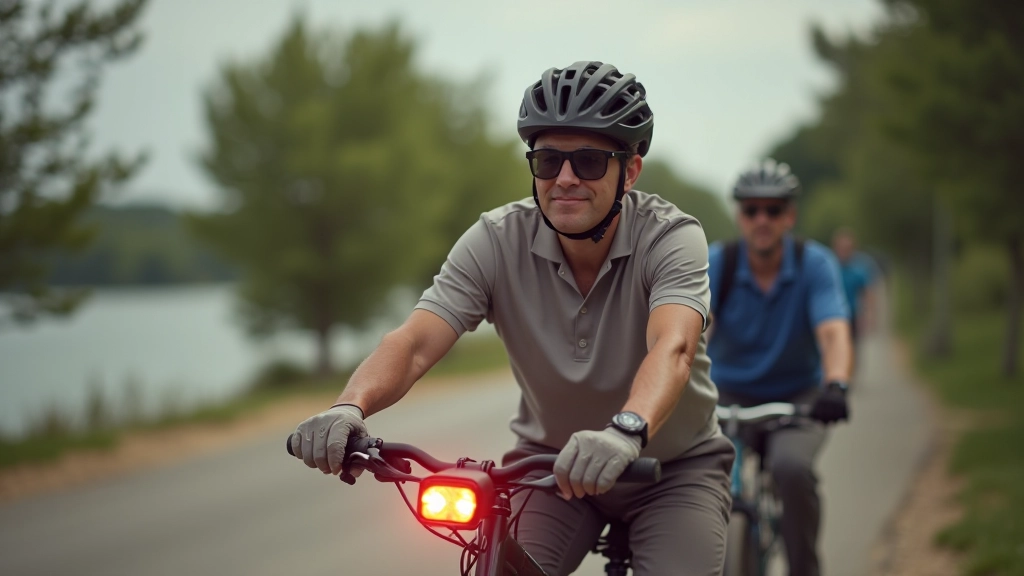 Equipo de seguridad en bicicleta incluyendo casco, guantes y luz de advertencia