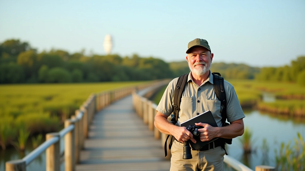 Carlos Rodríguez documentando una ruta de cicloturismo en los manglares de Piñones, Puerto Rico, con libreta y binoculares en mano, ambiente natural costero