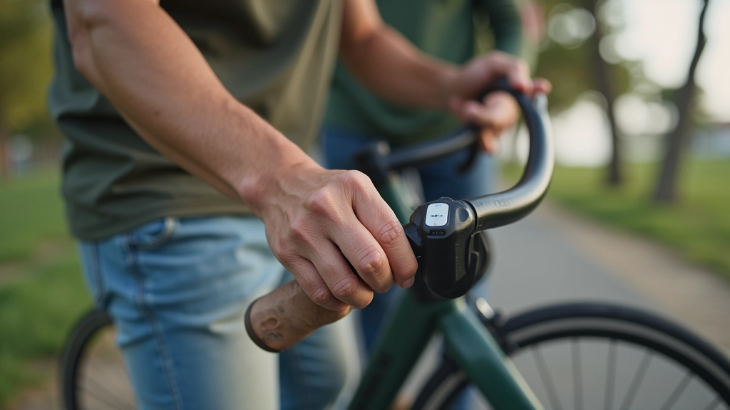 Mano tocando caucho de bicicleta para revisar presión, enfoque en dedo presionando neumático