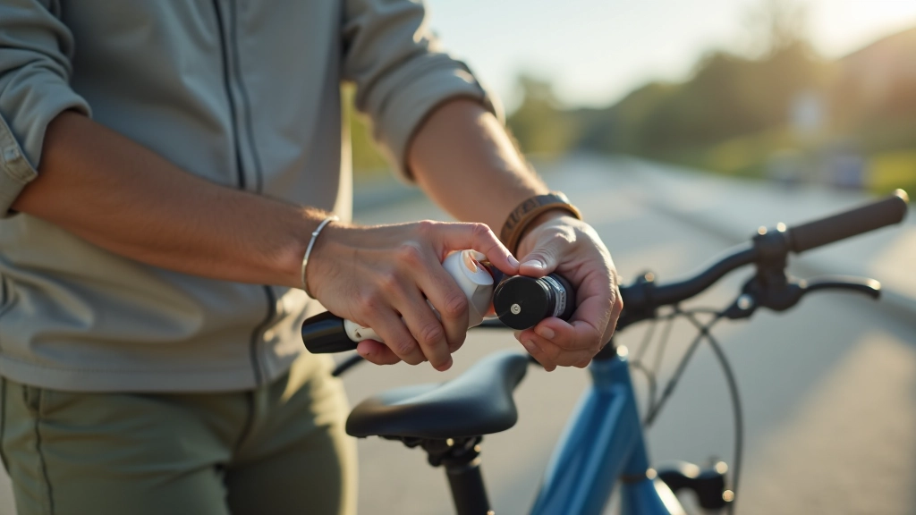 Persona aplicando lubricante en cadena de bicicleta con botella pequeña, manos enfocadas