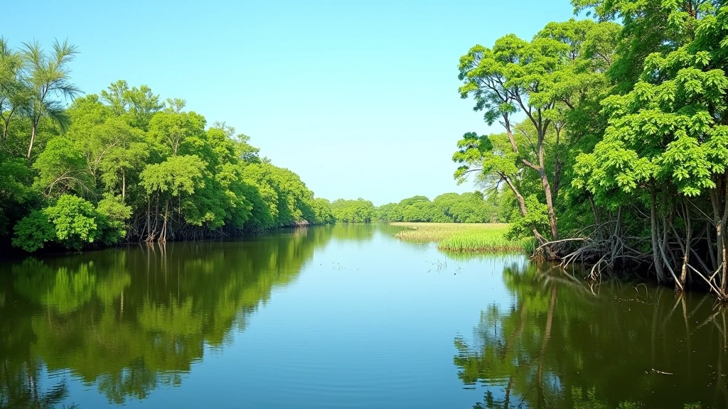 Vista hermosa de los manglares de Piñones con agua tranquila y vegetación exuberante