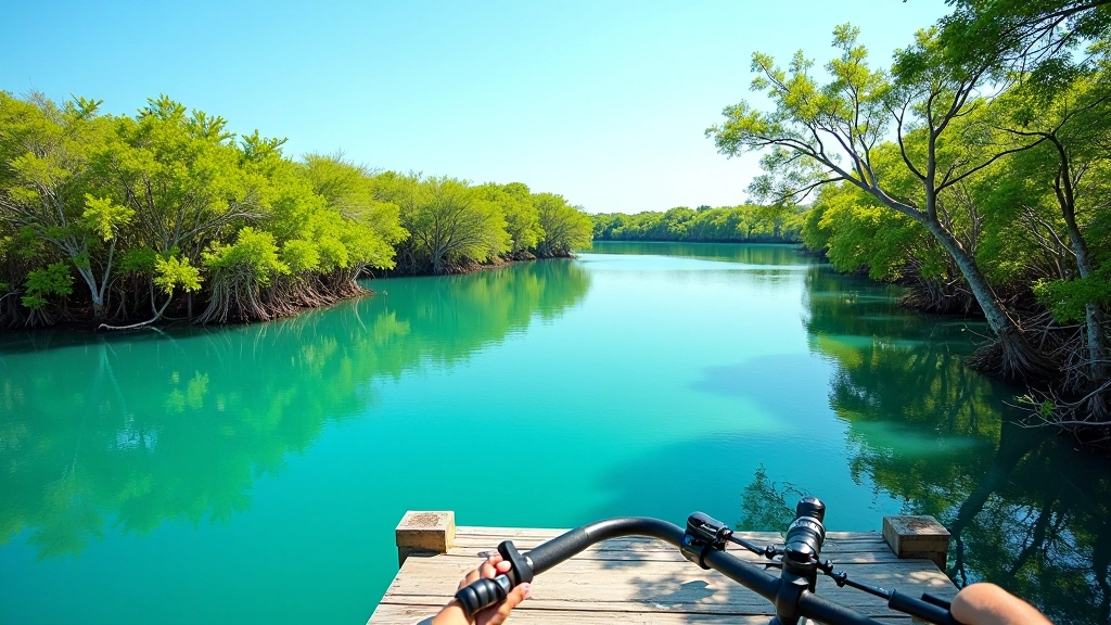 Primer mirador de Laguna Torrecilla con vista del agua, manglar verde y cielo azul despejado