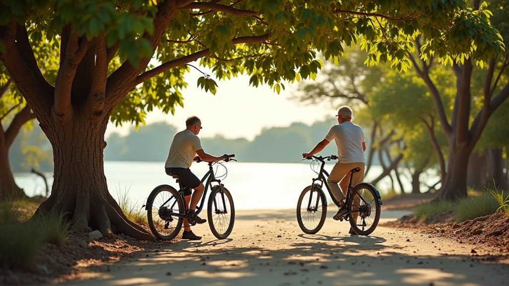 Grupo de adultos mayores en bicicletas descansando bajo la sombra de árboles de manglar junto a la laguna, sonriendo