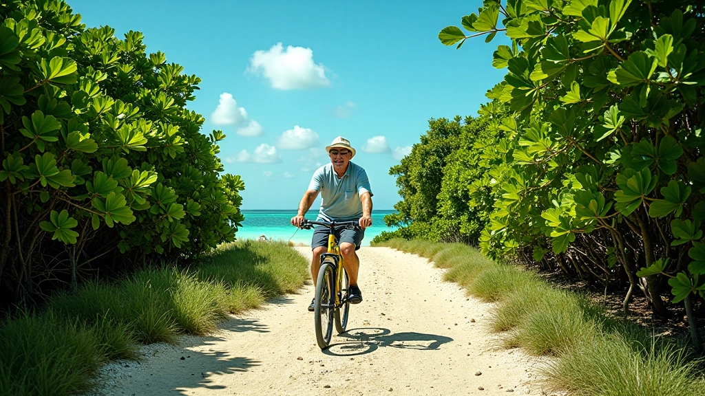 Ciclista mayor pedaleando por ruta costera entre manglares verdes y laguna azul al fondo