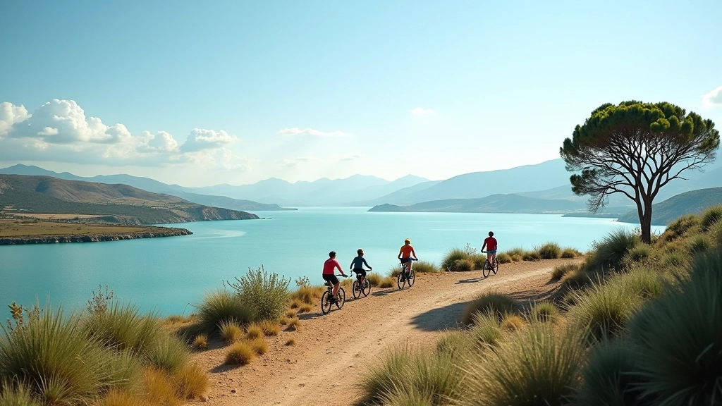 Vista panorámica de laguna Torrecilla con mirador y ciclistas